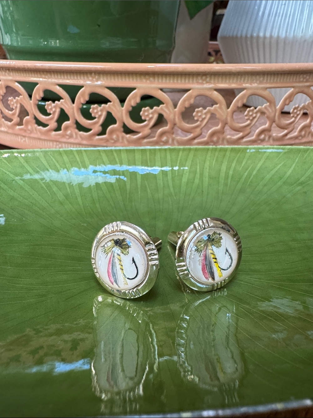 Vintage Fly Fishing Cufflinks Gold Tone Country Western Sportsman